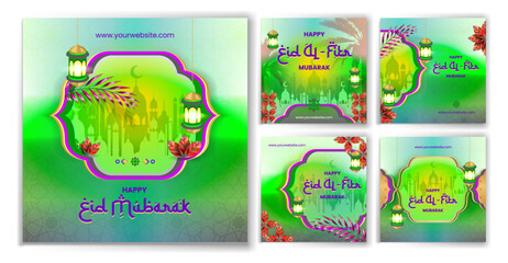 Eid al fitr mubarak social media post design collection vibrant purple green background