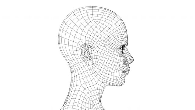 3d video. Volumetric frame of a female head is spinning on a white background.