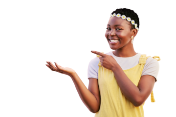 Pointing finger, palm and portrait of a woman advertising mockup isolated on a transparent, png background. Smile, beauty and hands of happy African person with promotion or presentation space