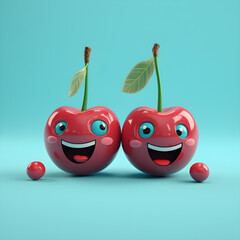 Cute smiling cherries, cartoon style. Generative AI