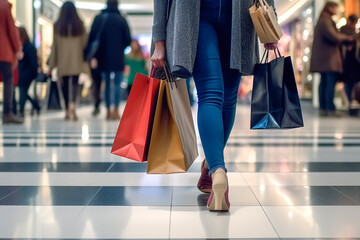 A girl in the shopping mall corridor holds various colors of paper bags in hand