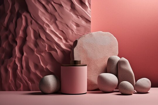 A Minimalist Pink Podium Made Of Stone Serves As A Backdrop For Showcasing Cosmetic Products. Generative AI