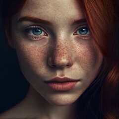 portrait of a woman, red-haired, blue-eyed freckled woman, generative AI