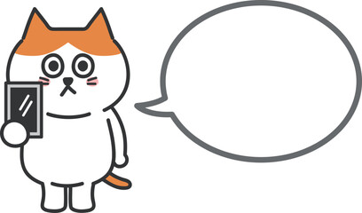 Cartoon orange tabby and white cat holding a mobile phone with a speech bubble. Vector illustration.