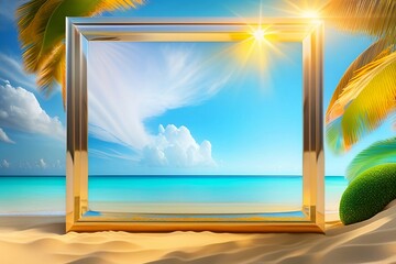 summer beach with trees and sun, blue sky, and Gold frame