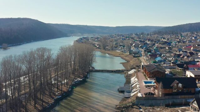 Southern Urals, Krasny Klyuch village. High water on the Ufa River. Aerial view.