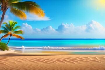 Tropical summer beach with trees and sun, blue sky