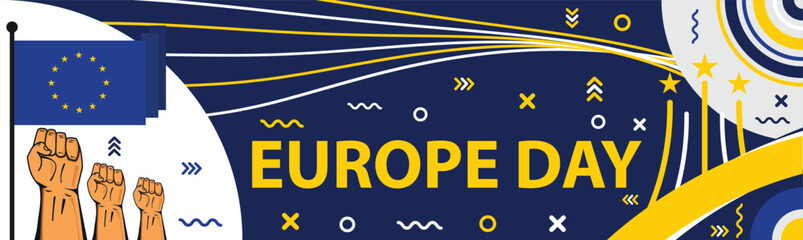 Happy Europe Day horizontal wide vector banner design with Europe flag colors blue and yellow, typography, geometric shapes and fist pumps. Europe Day modern simple poster background illustration.