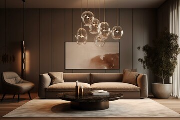 Contemporary lounge area with couch, flora and pendant luminaire on soft toned backdrop. Generative AI