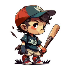 Cartoon boy baseball player with a bat on a white background. For your sticker or logo design.