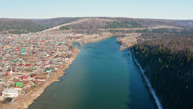 Southern Urals, Krasny Klyuch village. High water on the Ufa River. Aerial view.