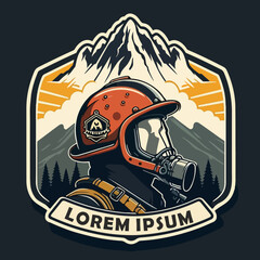 Logo with a firefighter in a gas mask on the background of a mountain and a forest. For your sticker or logo design