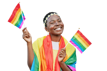 LGBT, smile and portrait of black woman with rainbow flag in support of LGBTQ community. Equality, bisexual and gay or lesbian girl with pride for celebration isolated on transparent png background