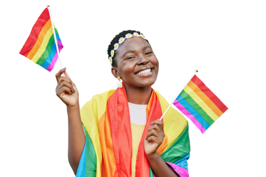 LGBT, smile and portrait of black woman with rainbow flag in support of LGBTQ community. Equality, bisexual and gay or lesbian girl with pride for celebration isolated on transparent png background