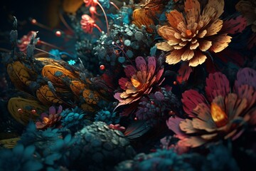 Fototapeta na wymiar Flower-inspired abstract art featuring colorful patterns and ornate floral compositions. Generative AI