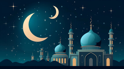 a flat vector illustration of a mosque against a starry night sky with a dreamy, mystical feel to it. The mosque should be the focal point of the design, with intricate details and patterns. The starr