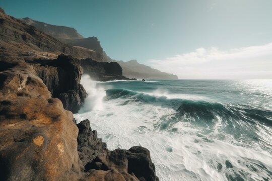 Breathtaking time-lapse of rocky cliffs & ocean waves in Gran Canaria under the sun. Generative AI