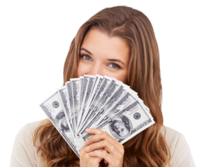 Cash, portrait and eyes PNG with a woman isolated on a transparent background after winning the lottery. Money fan, finance and investment with a hiding female celebrating a dollars interest payment