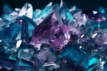 Naklejka na ściany i meble Luxurious banner of purple and blue refractive crystal fragments. Generative AI