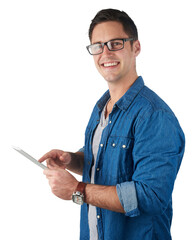 Business man, worker tablet and portrait of a digital employee online ready for work. Smile, male...