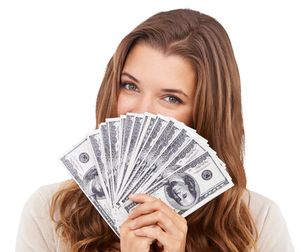 Cash, portrait and eyes PNG with a woman isolated on a transparent background after winning the lottery. Money fan, finance and investment with a hiding female celebrating a dollars interest payment