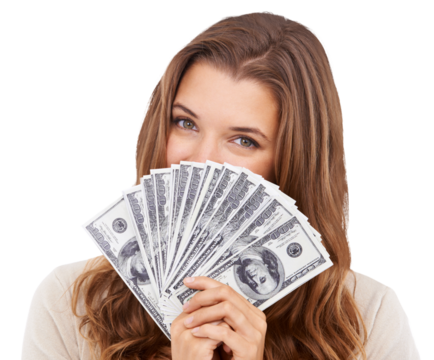 Cash, portrait and eyes PNG with a woman isolated on a transparent background after winning the lottery. Money fan, finance and investment with a hiding female celebrating a dollars interest payment