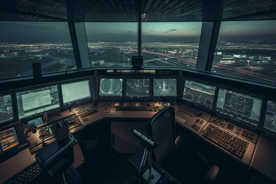 Inside an air traffic control tower with computer navigation. Generative AI
