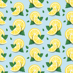 Slices of lemon and mint leaves on blue background. Vector seamless pattern. Best for textile, wallpapers, home decoration, wrapping paper, package and web design.