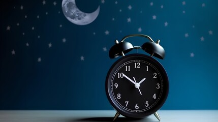 Fototapeta premium Clock against a dark background with moon and stars, suggesting peaceful slumber and serene dreams. Encourages relaxation, calm, and promotes restful sleep and wellness. Generative AI