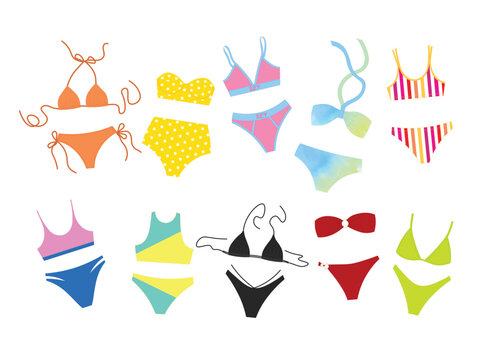 Set of 10 sexy colorful bikini flat vector. Collection of different style bikini for hot summer holiday. Swimwear for women and girls.