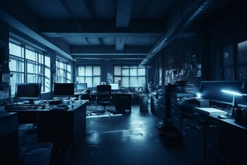 Fototapeta na wymiar Haunting office space in eerie blue Halloween light. Generative AI