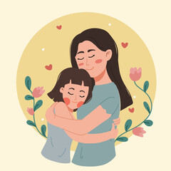 Happy mothers day smiling mom hugs her children illustration