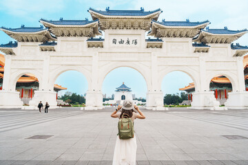 woman traveler visiting in Taiwan, Tourist with backpack sightseeing in National Chiang Kai shek...