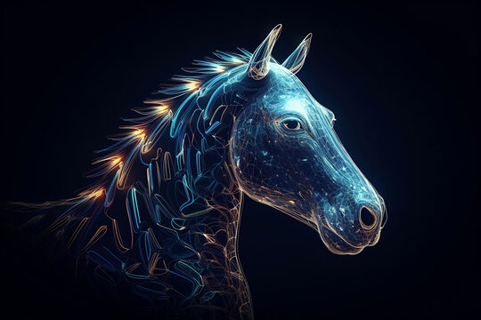 abstract blue glowing figure of horse on blackground