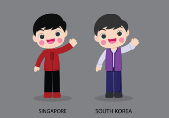 Obraz na płótnie Canvas Singapore peopel in national dress. Set of South Korea man dressed in national clothes. Vector flat illustration