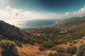 Panoramic Mediterranean landscape from Akamas Peninsula mountain range near Polis town on Cyprus Island. Generative AI