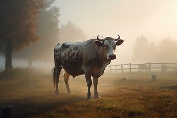 A cow stands in morning mist on a farm. Cinematic illustration of cattle concept art. Generative AI