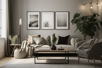 Living room poster mockup in Scandinavian style decor created with 3D rendering. Generative AI