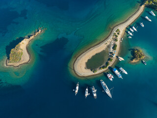 Turkish Maldives Yassica Islands Drone Photo, Gocek Fethiye, Mugla Turkey - obrazy, fototapety, plakaty