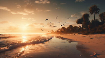 A serene beach scene during sunset. Generative AI