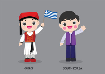 Obraz na płótnie Canvas Greece peopel in national dress. Set of South Korea man dressed in national clothes. Vector flat illustration.