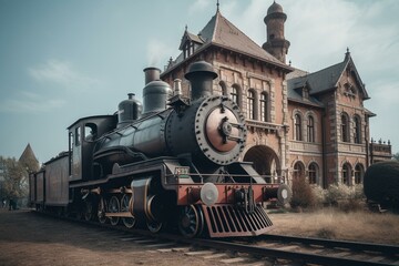 Fototapeta na wymiar Castle and vintage locomotive on display. Generative AI