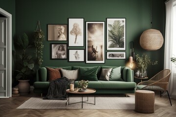 Modern interior poster frame and gallery wall in green living room, with Scandinavian boho style. Generative AI