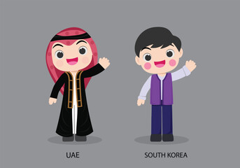 Obraz na płótnie Canvas UAE peopel in national dress. Set of South Korea man dressed in national clothes. Vector flat illustration.