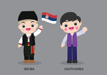 Serbia peopel in national dress. Set of South Korea man dressed in national clothes. Vector flat illustration.