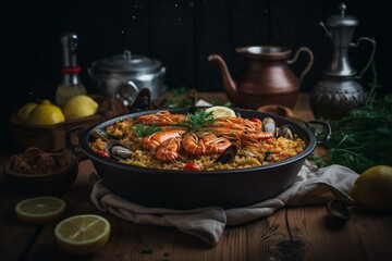 Classic Spanish paella with succulent Ibizan red prawns and seafood. Authentic recipe for a famous tapa. Generative AI