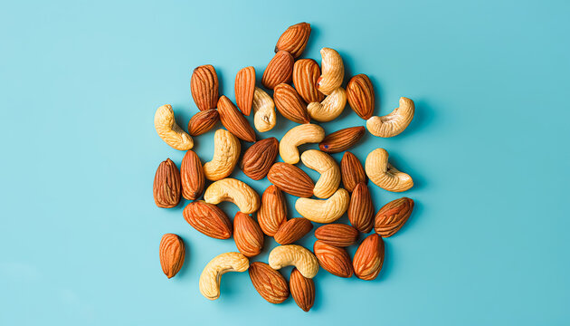 Top View Photo of Fruits, Almonds and Cashews on Pastel Blue Background - A Nutritious and Tasty Mix, Nutrient-Rich Top View Photo of Fruits, Almonds and Cashews with copy space 