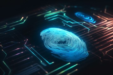 Computer screen depicts unique fingerprint design, representing personal identity. Rendered in 3D. Generative AI