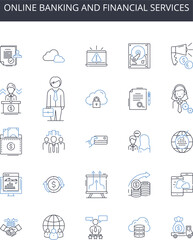 Online banking and financial services line icons collection. Digital marketing, Mobile payments, Video streaming, Social nerking, E-commerce, Email marketing, Cloud storage vector and Generative AI