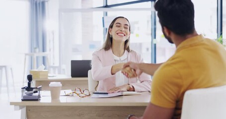 Smile, business people and handshake for partnership, deal or introduction in workplace. Happy, man and woman shaking hands for agreement, b2b or onboarding, congratulations or welcome to company.